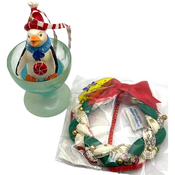 Festive Christmas Ornament Penguin in Cup & Wreath Vintage Lot of 2 Gift Giving - Picture 4 of 6